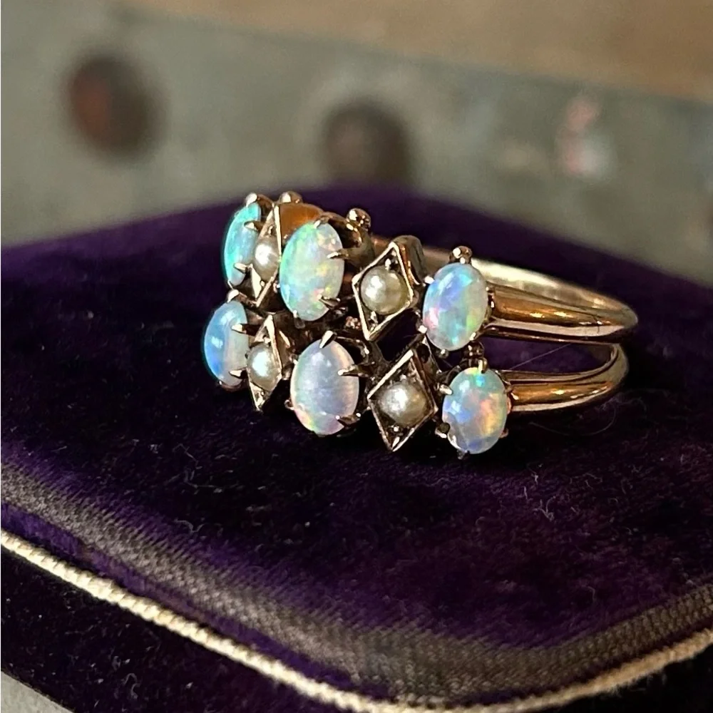 Antique 14K Seed Pearl & Opal Double Ring - Picture 5 of 8